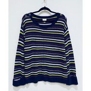 Caslon Sweater Womens 1X Navy Blue Multicolor Striped Button Detail Preppy